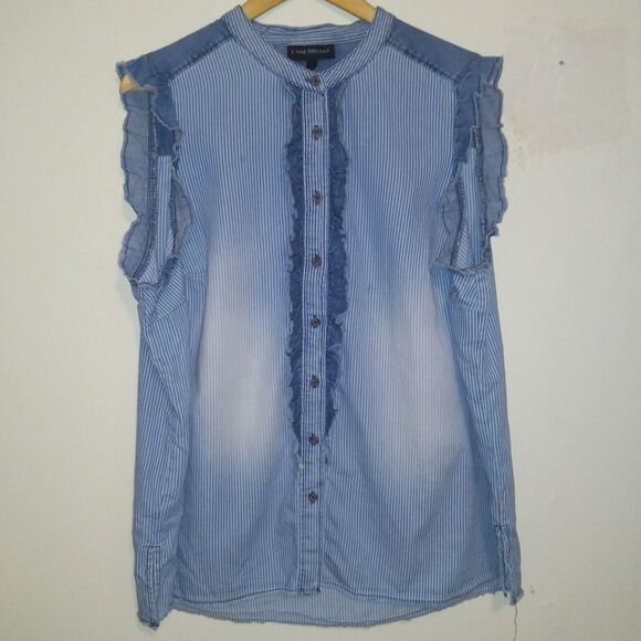 Lane Bryant Striped Chambray Ruffle Front Sleeveless Button Up Blouse-Size 18 - Picture 2 of 10